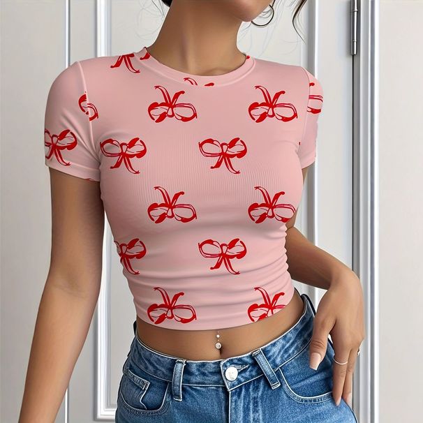 Women's Clothing Women's Fashionable Bow Print Short Round Neck T-Shirt Top Casual Sporty Digital Design For Spring Summer_ecoleips.com