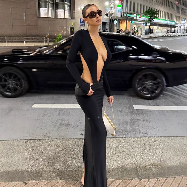 Women's Clothing Women's Sexy Deep V Hollowed Out Long Sleeve Faux Leather Patchwork Bodycon Dress Two Piece Style For Autumn_ecoleips.com