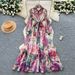 Women's French Style Long Dress Beaded Lapel Printed Design Autumn Tie Waist Single Breasted Heavy Duty Skirt_ecoleips.com