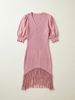 Breathable V Neck Chiffon Puff Sleeve Fringe Hem Loose Rib Knit Dress_ecoleips.com