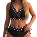 Women's European American Style Polka Dot Swimsuit Black High Waisted Slimming Strappy Bikini Two Piece Beach Vacation Swimwear_ecoleips.com