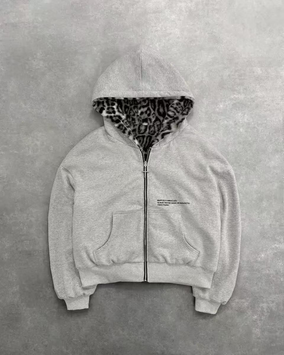 Women's Reversible Leopard Print Zip-Up Hoodie – Oversized Retro Pullover With Hood (Greyish/Black, S/M/L/XL/XXL)_ecoleips.com