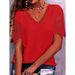 Women's Lace Trim V-Neck Relaxed Fit Short Sleeve T-Shirt - Breathable Casual Blouse For Everyday Comfort_ecoleips.com