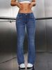 Women's Low-Rise Flared Jeans Royal Blue Distressed Denim Pants Bootcut Hem Stretchy Wide Leg Trousers_ecoleips.com