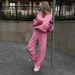 Voya Women's Two Piece Tracksuit Set – Pink Cropped Zip-Up Hoodie & Wide Leg Joggers, Casual Sporty Streetwear, EU Daily Active Wear_ecoleips.com