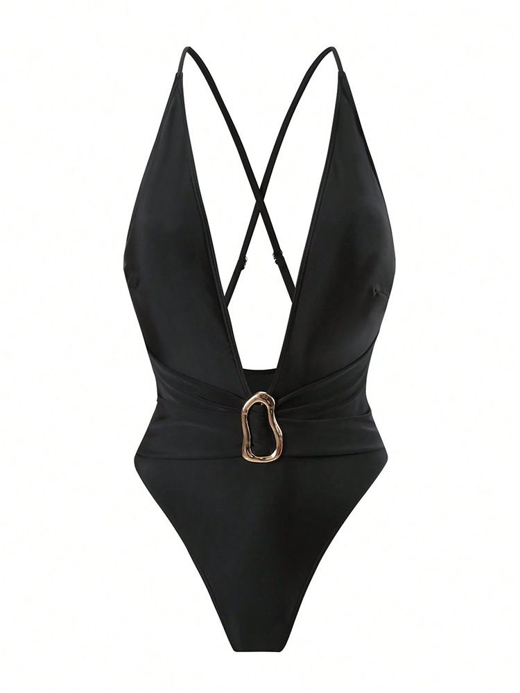 Women's Sexy One Piece Swimsuit Solid Color V Neck Lace Up Design Fashion Bikini For Summer Vacation Polyester Regular Size_ecoleips.com