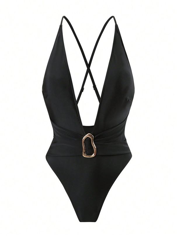 Women's Sexy One Piece Swimsuit Solid Color V Neck Lace Up Design Fashion Bikini For Summer Vacation Polyester Regular Size_ecoleips.com