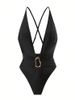 Women's Sexy One Piece Swimsuit Solid Color V Neck Lace Up Design Fashion Bikini For Summer Vacation Polyester Regular Size_ecoleips.com
