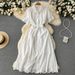 Women's Clothing Skirt Gentle Style Lapel Puff Sleeve Mid Length Shirt Dress Women's Lace Up Slimming Hollow_ecoleips.com