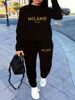 Women's Autumn/Winter Hip Hop Casual Street MILANO ITALY Pattern Printed Round Neck Sweatshirt+Sweatpants Warm Set-656_ecoleips.com