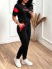 Women's Sporty Color Block Letter Print Top with High Waisted Trousers Casual Set Spring/Summer Short Sleeved Pant Outfit_ecoleips.com