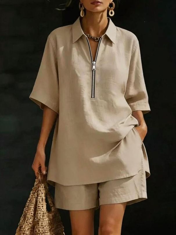 Short Sleeve T-Shirt And 5-Point Shorts Two-Piece Set, Relaxed Fit Drop Shoulder Womens Casual Outfit, Minimalist Summer Wear_ecoleips.com