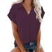 Women's V-Neck Short Sleeve Blouse - Breathable Polyester & Cotton Blend, Relaxed Fit, Solid Color Casual Shirt For Everyday Wear_ecoleips.com