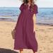 Women's Clothing New Solid Color V Neck Short Sleeved Loose Casual Long Women's Cotton And Linen Dress_ecoleips.com