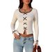 Voya New Beige Knitted Long Sleeved Shirt With Butterfly Bow Decoration On The Chest And Striped Temperament, Paired With A Base Shirt For Women's Wear_ecoleips.com
