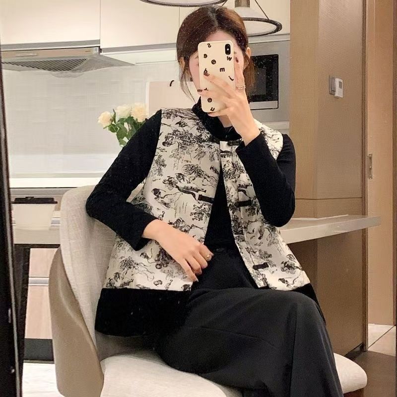 girl Chinese National Style Button Vest For Women, Autumn And Winter New Stand Collar Retro Ink Painting Horse Outerwear_ecoleips.com