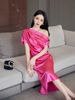 Premium Acetate Dress - Off-Shoulder Long Dress In Rose Red (Celebrity-Inspired High-End & Elegant Perfect For Parties & Events)_ecoleips.com