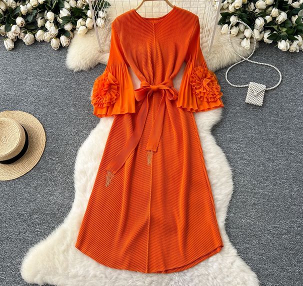 Women's Clothing Fashion Dress For Women With Waist Hugging Straps And Three Dimensional Flowers Trumpet Sleeves And Pleated Long Skirt_ecoleips.com