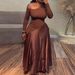 Elegant Plus Size Evening Dress For Women – Off-Shoulder Long Sleeve Bodycon Maxi Dress (Brown, Stretch Knit Fabric)_ecoleips.com