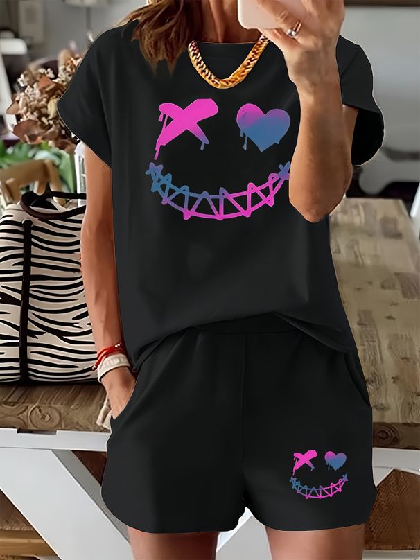 Women’s 2 Piece Outfit Set – Oversized Graphic T-Shirt And Biker Shorts Matching Set, Casual Summer Lounge Tracksuit For Daily Wear-296_ecoleips.com