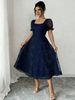 Elegant Women's Dress, Solid Color Sexy Evening Gown With Floral Embroidery, Semi-sheer Mesh, Square Neck, Long Sleeves, Suitable For Everyday Commuting Or Parties, Wedding Guest Dress._ecoleips.com