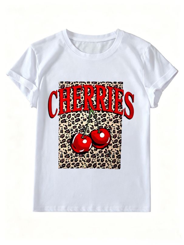 Women Y2K Cherries Leopard Graphic T-Shirt Retro Vintage Letter Print O Neck Short Sleeve Casual Streetwear White Tee_ecoleips.com