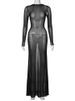 Hugcitar Mesh Black Long Sleeve Backless See Through Sheer Sexy Slim Bodycon Maxi Dress 2023 Summer Women Beach Nightclub Outfit_ecoleips.com
