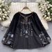 Women's Bohemian Style Vintage Embroidered Print Long Sleeve Shirt Top Loose Casual French Chic Doll Style_ecoleips.com