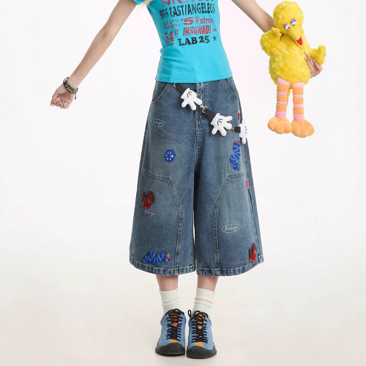 Women's Clothing Cow Embroidered Denim Cropped Pants For Women Loose Straight Leg Casual Versatile Wide Leg Trousers Summer Fashion_ecoleips.com