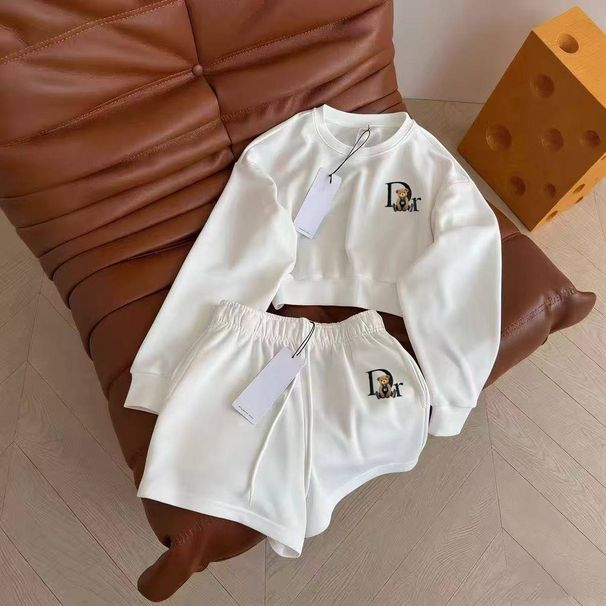 Women's Clothing In Stock Trendy Cross Border Brand Spring/summer New Arrival Letter Print Crew Neck Cropped Sweatshirt + Elastic Waist Shorts_ecoleips.com