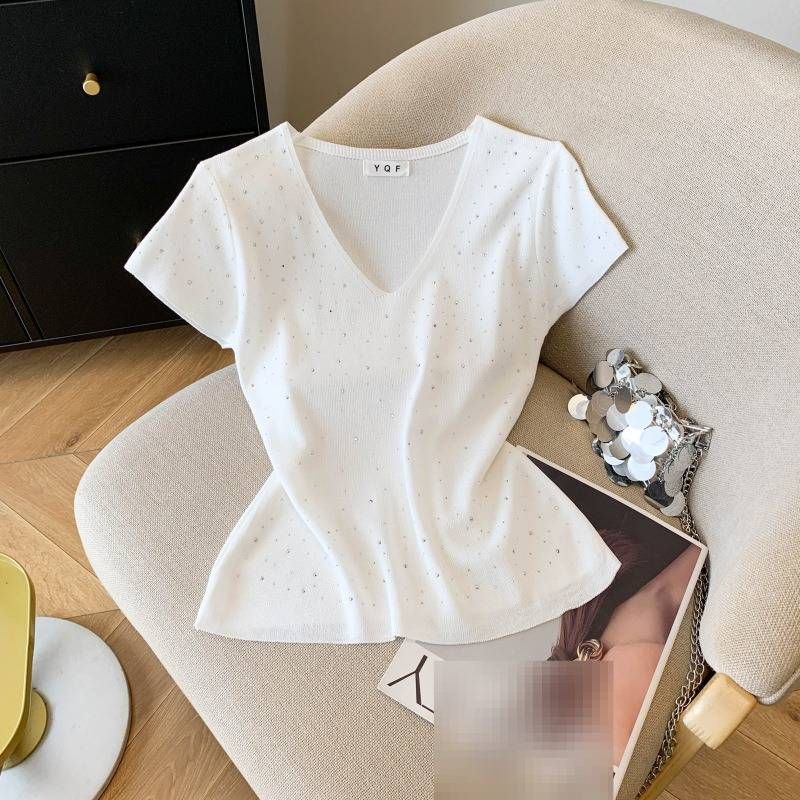 Korean Style Women's T-Shirt Short Sleeve V Neck Rhinestone Studded Ice Silk Knitwear Top For Summer New_ecoleips.com