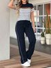 Women's Casual Two Piece Set Spring/Summer Collection Color Blocked Short Sleeve Top with Drawstring Trousers Homey Feel_ecoleips.com