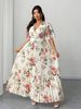 Plus-size Elegant Dress, Summer Fashion Women's Wear, Elegant And Romantic Floral Print Skirt, Short-sleeved V-neck Pleated Flowing Long Skirt, Suitable For Daily Commutes Or Party/wedding Guests, Casual Vacations._ecoleips.com