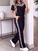 Women's Color Blocked Leopard Print Top with Collar And Short Sleeves Athletic Pocket Pants Set Comfortable Summer Outfit_ecoleips.com