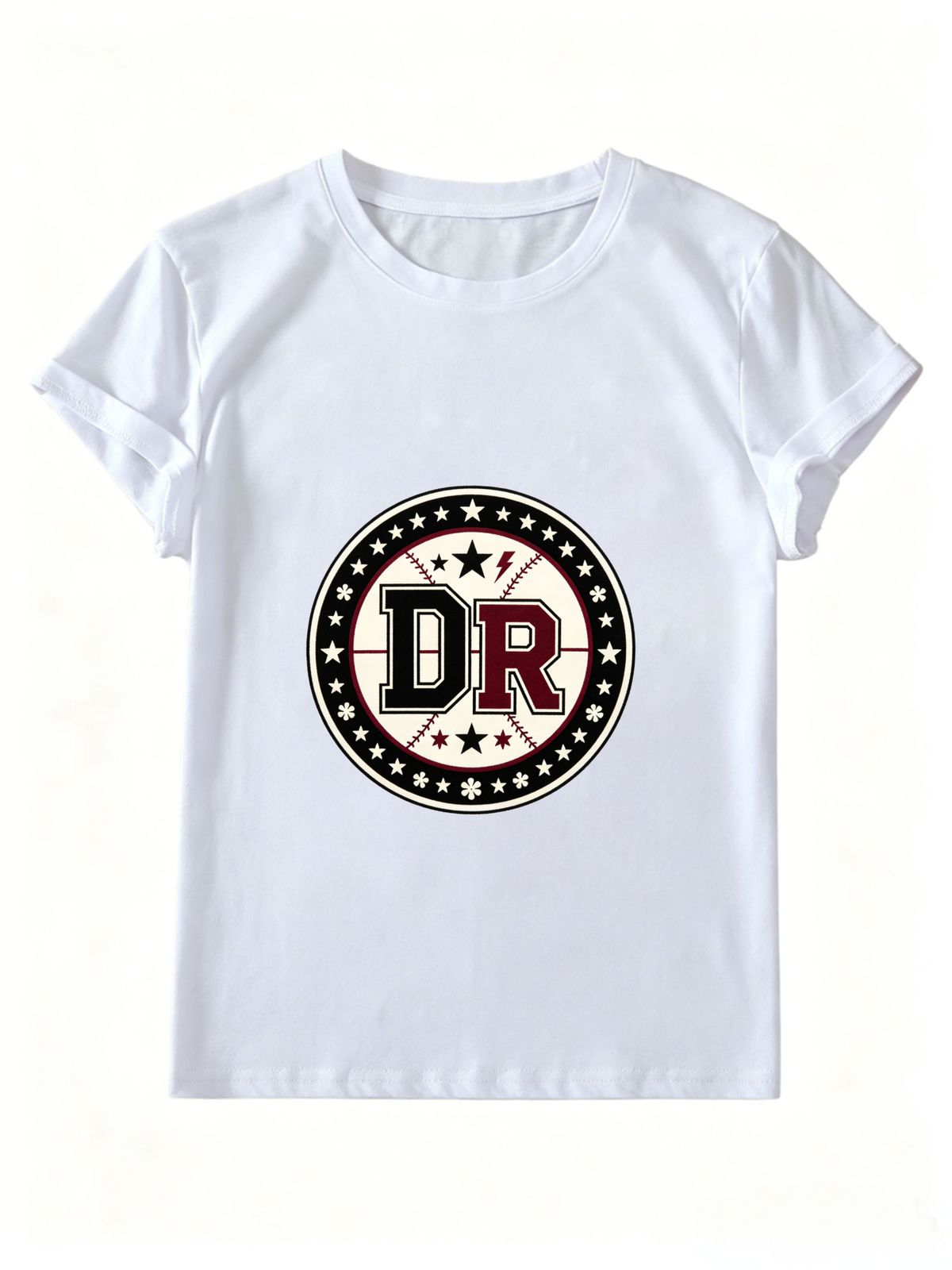 Women Summer Crew Neck Short Sleeve T-Shirt, Vintage Circular DR Baseball Star Lightning Badge Graphic Casual White Loose Sport Streetwear Tee Top_ecoleips.com