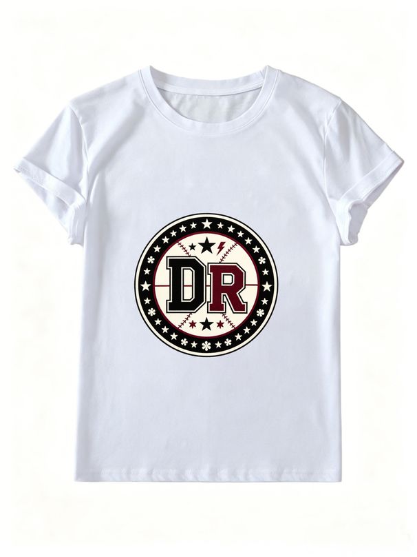 Women Summer Crew Neck Short Sleeve T-Shirt, Vintage Circular DR Baseball Star Lightning Badge Graphic Casual White Loose Sport Streetwear Tee Top_ecoleips.com
