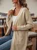 Beige V Neck Pocket Pit Rib Knit Long Cardigan, Loose Lightweight Breathable Soft Skin-touch Open Front Air Conditioning Jacket_ecoleips.com