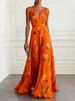 Summer Fashion Pattern Print Women Dress Sexy Sleeveless Hight Waist Draped Holiday Dress Elegant Deep V-neck Chiffon Long Dress_ecoleips.com