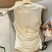 Women Sleeveless Pleated Top Semi High Neck Slim Fit Tank Apricot Solid Color Stretch Polyester Breathable Vest For Office Work_ecoleips.com