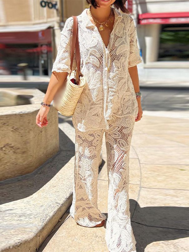 Women's Clothing Fashion Lapel Hollow Short Sleeved Top And Trousers Suit Elegant Crochet Knitted Casual Suit_ecoleips.com