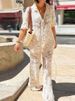 Women's Clothing Fashion Lapel Hollow Short Sleeved Top And Trousers Suit Elegant Crochet Knitted Casual Suit_ecoleips.com