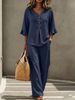 Women's Casual Button V Neck Ruffle Three Quarter Sleeve Top And Trousers Two Piece Summer Set_ecoleips.com