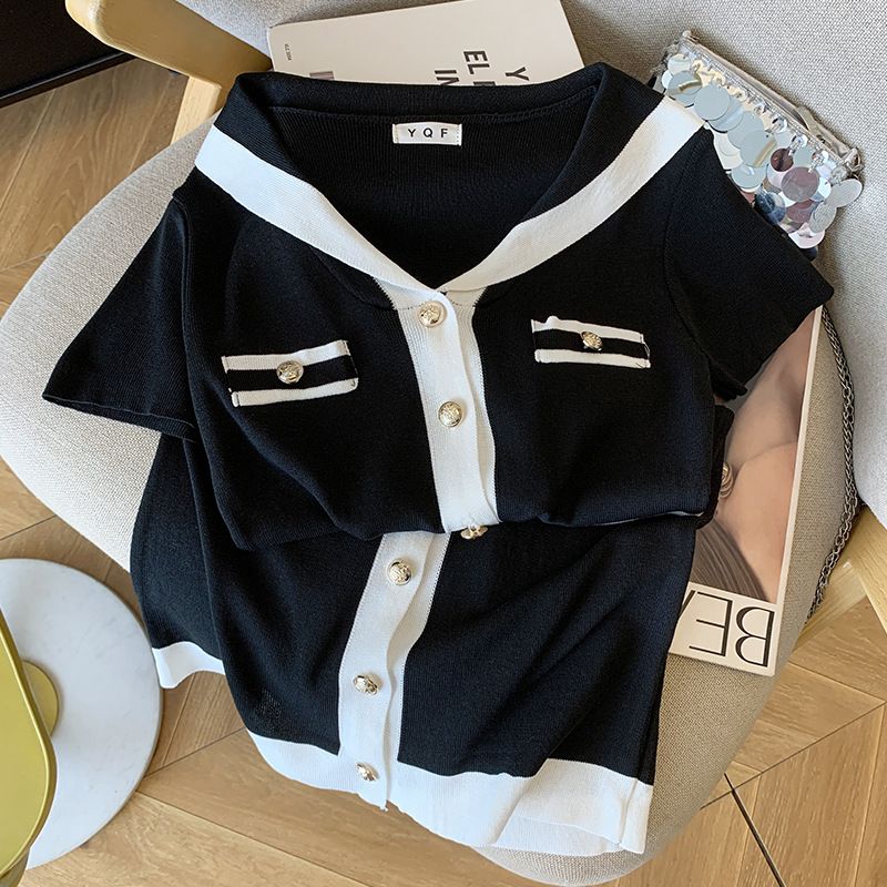 Women's Clothing Women's Summer New Style Small Fragrance Style Design Dress Navy Collar Knitted Skirt Short Skirt Female_ecoleips.com