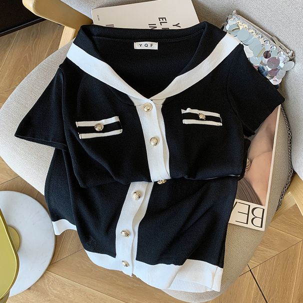 Women's Clothing Women's Summer New Style Small Fragrance Style Design Dress Navy Collar Knitted Skirt Short Skirt Female_ecoleips.com