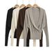 Women's V-Neck Knit Sweater Korean Style Slim Fit Long Sleeve Pullover Soft Ribbed Waist Crossover Design_ecoleips.com