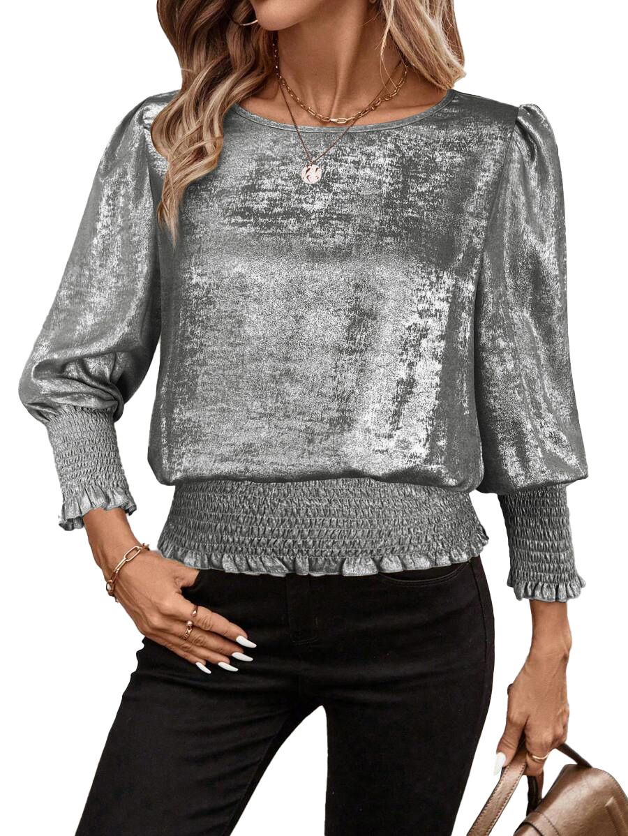 Women's Round Neck Short Sleeve Pullover T-Shirt Gold Foil Hem_ecoleips.com