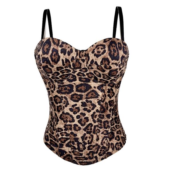 Voya Women's European And American Style Golden Brown Leopard Print Suede Short Vest Camisole Inner Outer Wear Elastic Gathered_ecoleips.com