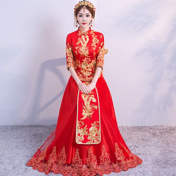 Elegant Red Qipao Cheongsam Dress For Bride Wedding Banquet, Long Sleeve Vintage Chinese Traditional Dress With Floral Embroidery_ecoleips.com