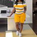 Plus Size Women's Clothing Striped T-Shirt Set Pullover Short Sleeve Letter 3D Printed Shorts_ecoleips.com