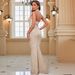 Women's Clothing Apricot Halter Neck Sequined Backless Fishtail Dress Evening Dress Long Skirt Dress_ecoleips.com